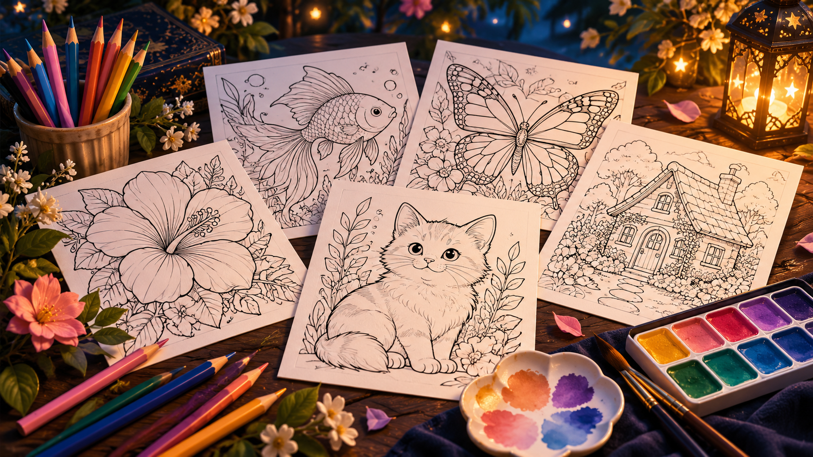 An open coloring book with colorful art supplies