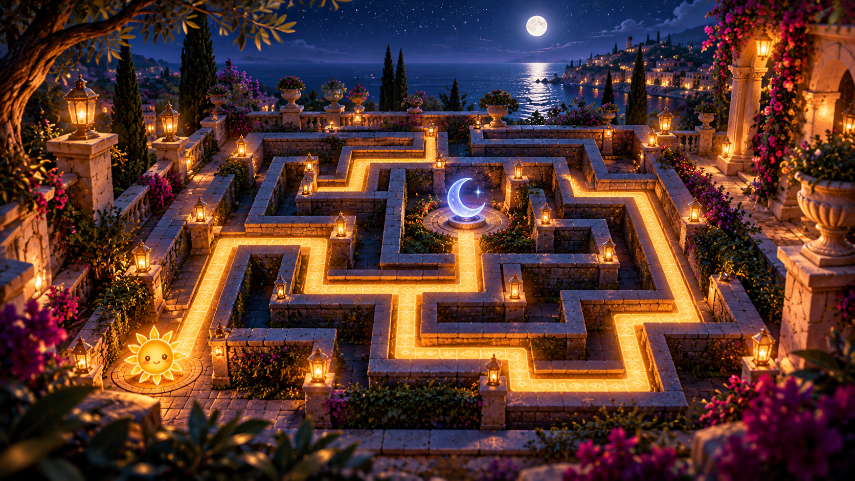 A glowing maze at night