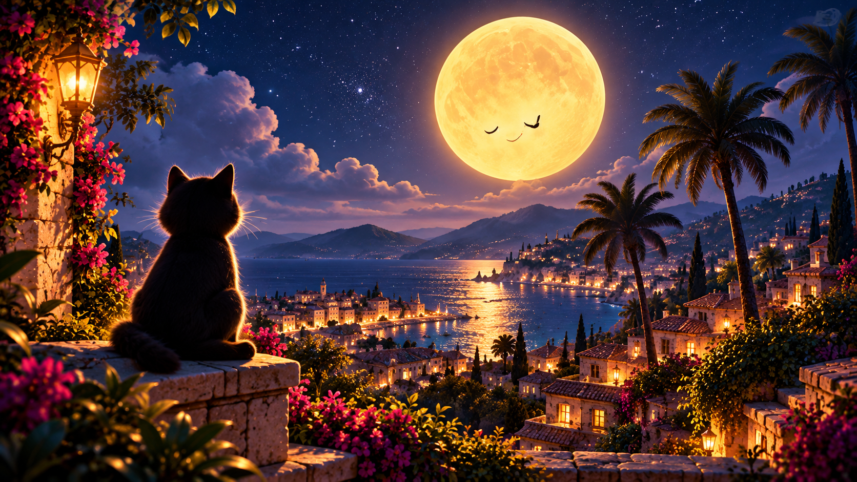 A glowing moon over a nighttime landscape