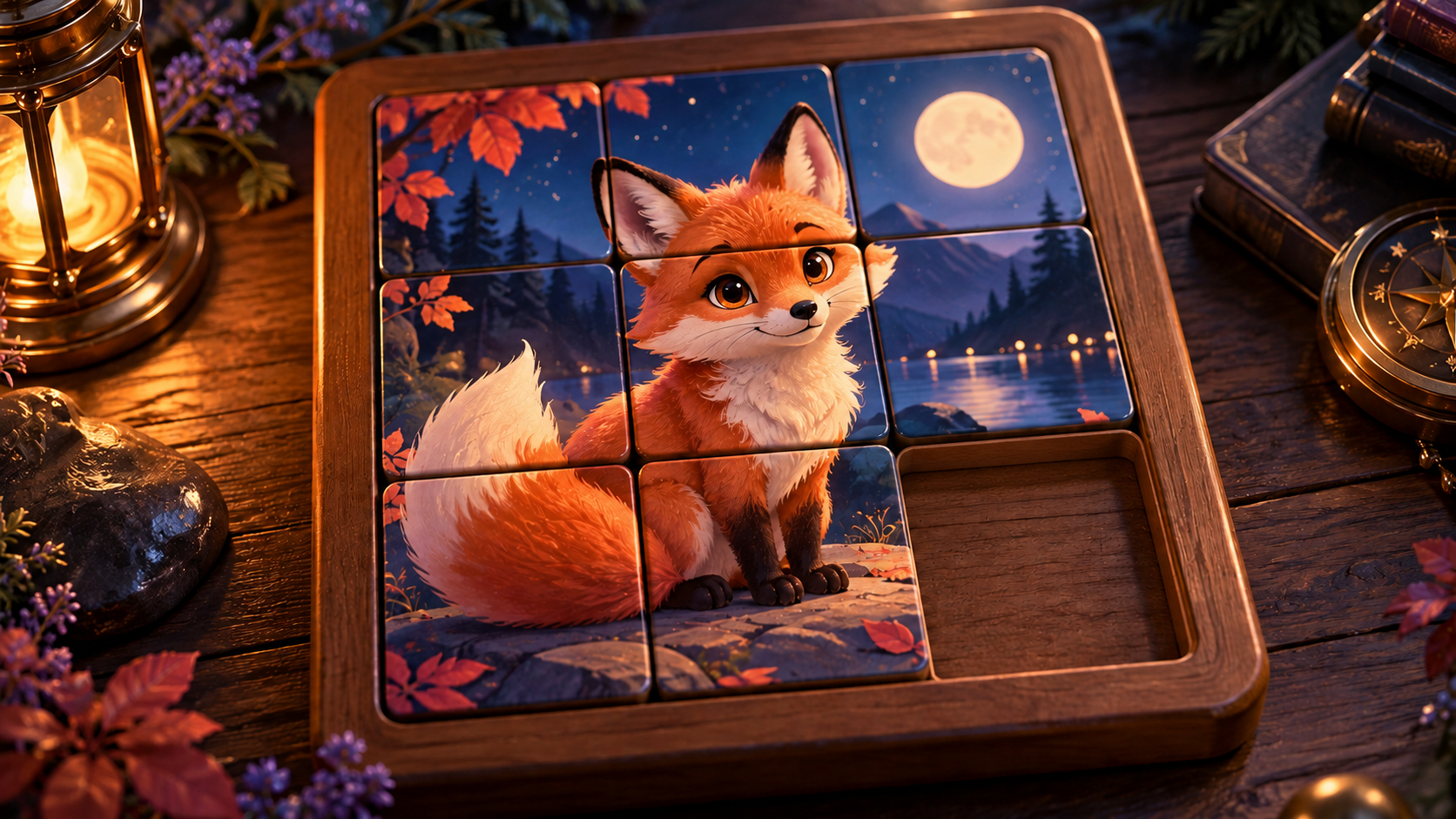 A sliding picture puzzle featuring a fox