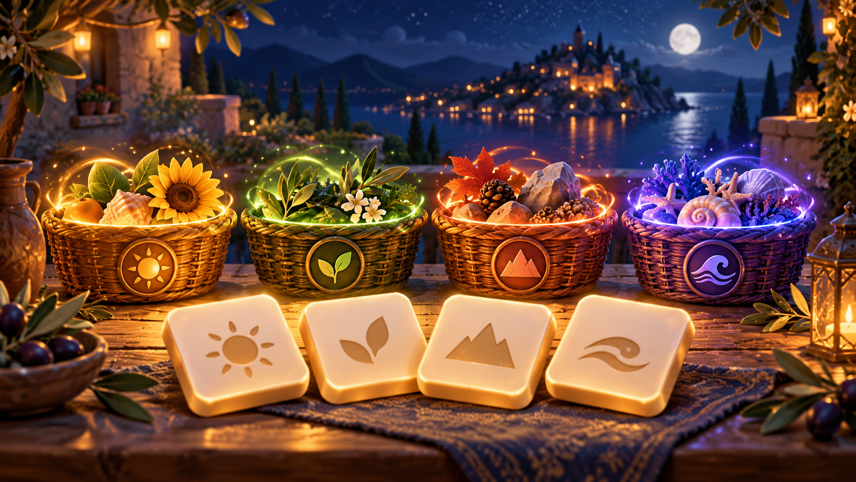 Word tiles being sorted into harvest baskets